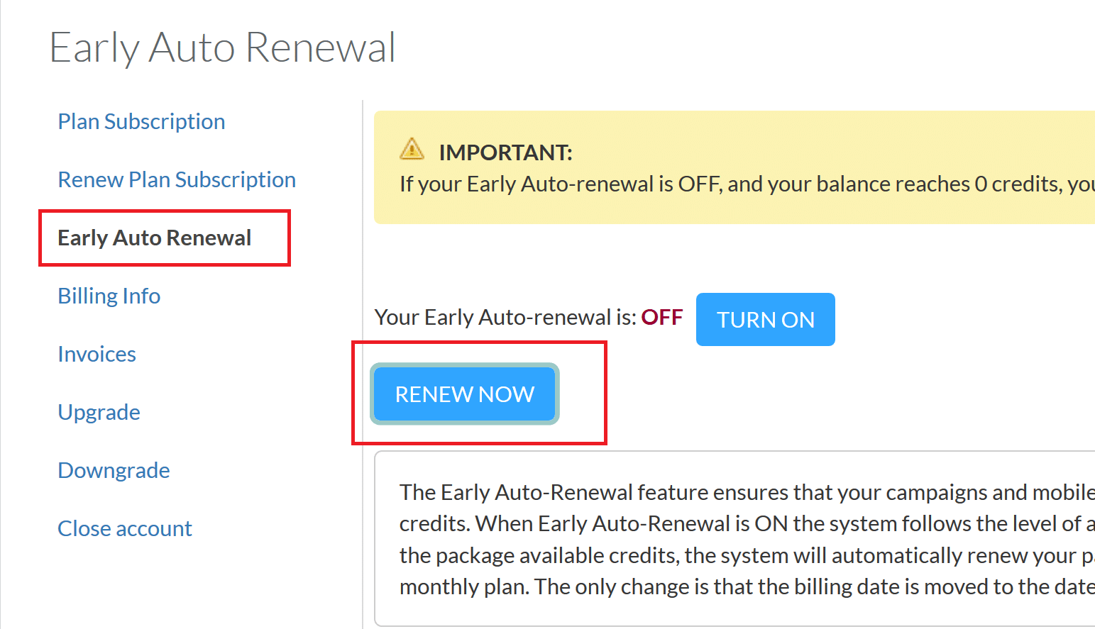 Messaging - account auto renewal